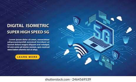 Digital Isometric Super High Speed 5G on blue background.
