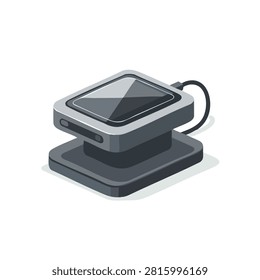 A digital isometric vector illustration of a smartwatch sitting on a wireless charging dock with a dark grey color palette and clean design.