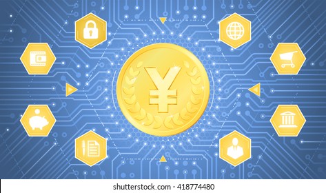 Digital Japanese Yen. Golden coin with Yen symbol in 'electronic' cyberspace. Graphic template on the subject of 'Digital Currencies'.