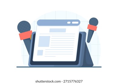Digital journalism concept with tablet and microphone. Vector illustration for online news reporting, media production, content creation, and modern journalism.