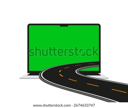 Digital journey concept: road emerging from laptop screen, symbolizing virtual exploration and online pathways.
