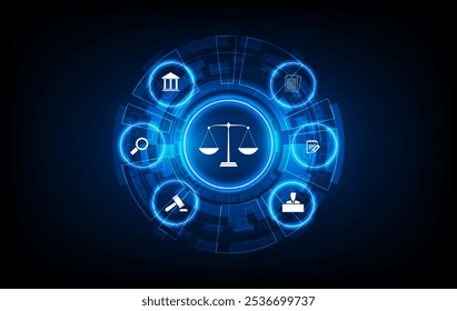 Ícones Digitais de Justiça e Lei Definidos com Escalas, Gavel, Documento e Símbolos de Tribunal