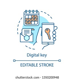 Digital key concept icon. Wireless, keyless padlock. NFC smart door lock. Remote control hotel padlock. Room booking. Door unlock idea thin line illustration. Vector outline drawing. Editable stroke