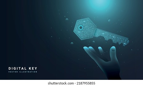 Digital key concept. Modern technologies and innovations. Cryptocurrency, blockchain. Protection of personal data and transactions on Internet. Safety and security. Realistic 3D vector illustration