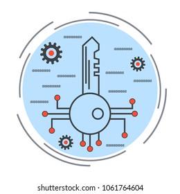 Digital key, cryptography, cryptocurrency protection, financial security thin line vector concept illustration