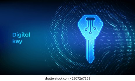 Digital key. Electronic key icon made with binary code. Cyber security and access background. Virtual tunnel warp made with digital code. Data Flow. Vector Illustration.