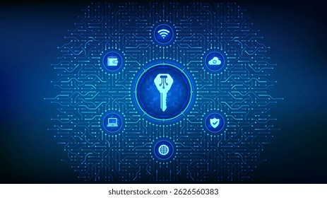 Digital key. Electronic key. Digital signature. Personal Data protection. Cyber security, password and access control. Background with circuit board connections and tech icons. Vector Illustration.