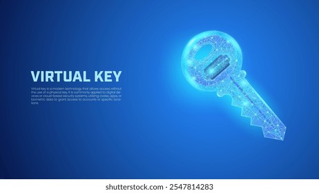Digital key in glowing wireframe style, virtual key illustration for presentation templates, cyber security concept, user data security, and account password.