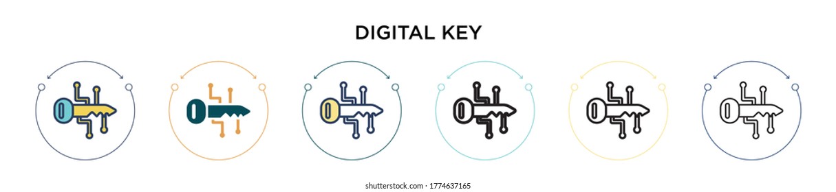 Icono de clave digital en estilo relleno, delgado, contorno y trazo. Ilustración vectorial de dos iconos de clave digital de color y negro se pueden utilizar para móviles, ui, web