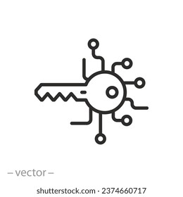 Digitalschlüsselsymbol, globale elektronische Technologien, Sicherheitsinformationen, Dünnzeilensymbol auf weißem Hintergrund - bearbeitbarer Strich, Vektorgrafik eps10