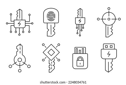Digital key icon set. Cyber security. Crypto wallet. Account authentication. Vector line. Editable outline stroke.