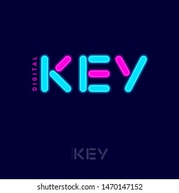 Digital Key logo. Pink and Blue Neon elements. Neon letters isolated on a dark background.
