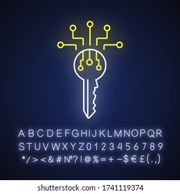 Digital key neon light icon. Information security. Data encryption. Identification technology. Outer glowing effect. Sign with alphabet, numbers and symbols. Vector isolated RGB color illustration