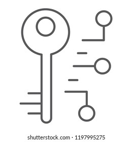 Digital key thin line icon, security and safety, key sign, vector graphics, a linear pattern on a white background, eps 10.