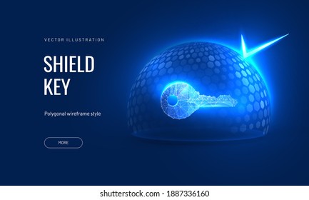 Digital key under a protective dome in a futuristic polygonal style. Concept for insurance of property or house under guard. Vector illustration