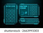 Digital keypad panels with number buttons for user identification. User interface element for abstract cyber security and access control.