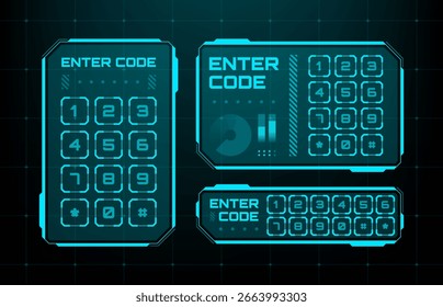 Digital keypad panels with number buttons for user identification. User interface element for abstract cyber security and access control.