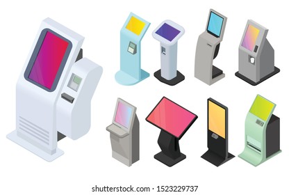 Digital kiosk icons set. Isometric set of digital kiosk vector icons for web design isolated on white background
