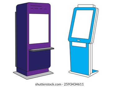 Digital Kiosk vectors, The kiosk includes a sleek and modern touch-screen payment terminal, offering both front and side views for a complete perspective. Its contemporary design ensures convenience.