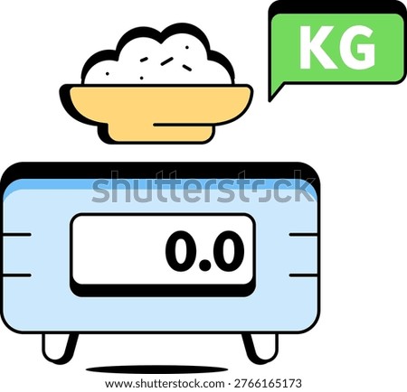 A digital kitchen scale holds a bowl of food with a kilogram weight measurement label. It represents portion control and calorie tracking for a healthy fitness lifestyle and sports nutrition.
