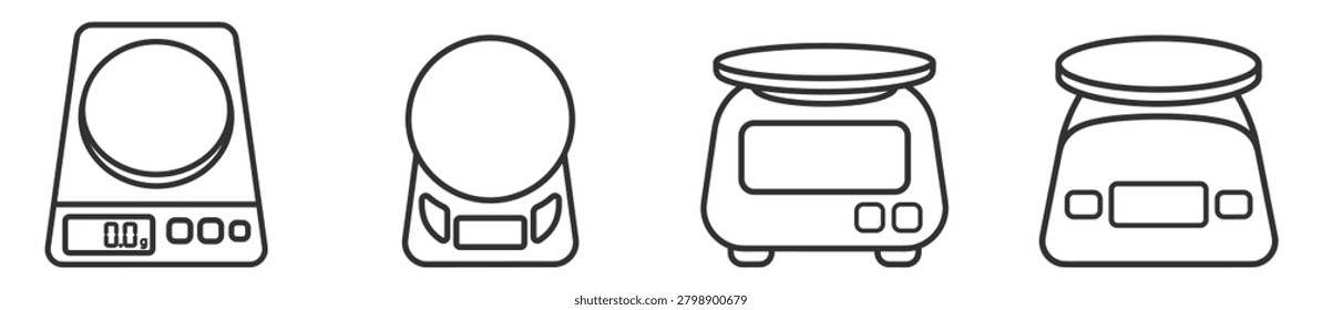 digital kitchen scales line icons set measuring food weight and cooking ingredients on transparent background