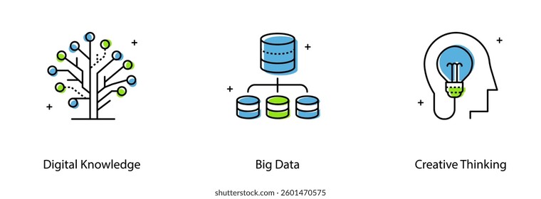Digital Knowledge Big Data Creative Thinking Innovation Technology Vector Icon Set