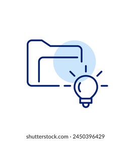 Icono de Repositorio de conocimiento digital. Una carpeta de archivos y una bombilla brillante. Acumulación de ideas creativas en archivos digitales