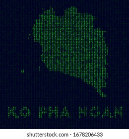 Logo de Digital Ko Pha Ngan. Símbolo insular al estilo hacker. Mapa de código binario de Ko Pha Ngan con el nombre de la isla. Ilustración vectorial con clase.