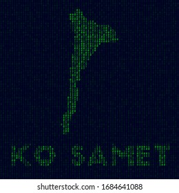 Logo de Digital Ko Samet. Símbolo insular al estilo hacker. Mapa de código binario de Ko Samet con el nombre de la isla. Elegante ilustración vectorial.