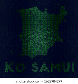 Digital Ko Samui logo. Island symbol in hacker style. Binary code map of Ko Samui with island name. Modern vector illustration.