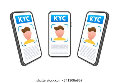 Digitaler KYC-Prozess auf Smartphone mit Gesichtserkennungstechnologie für Vektorgrafik zur Überprüfung der Benutzeridentität