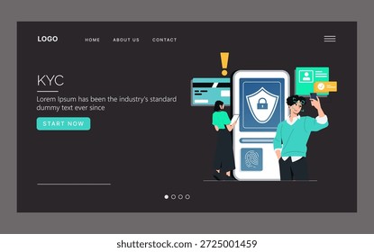 Ilustración vectorial digital KYC con dos personas que participan con una interfaz de Inicio de sesión segura en una pantalla Grande. La escena enfatiza la verificación de identidad y la protección de datos.