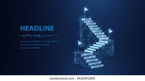 Digital ladder with three flags. Digital success, succeed path, accomplish mission, digital transformation, career ladder growth, technology solutions, business development, future vision concept.