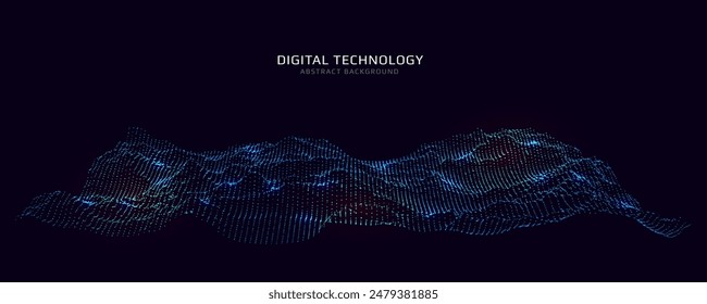 Digital landscape constructed with particles. Wavy 3d background. Vector illustration.