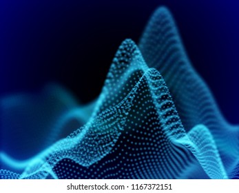 Digital landscape with flowing dots. 3D particle sound waves. Big data abstract visualization: business charts analytics. Digital data transfer background. Blue sound waves, EPS 10 vector illustration
