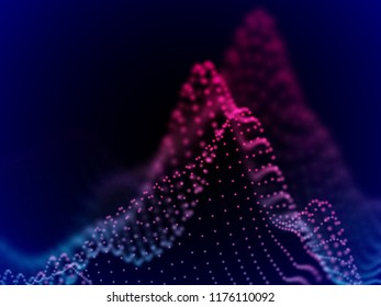 Digital landscape with flowing dots. 3D particle sound waves. Big data abstract visualization: business charts analytics. Digital data transfer background. Blue sound waves, EPS 10 vector illustration