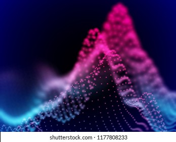 Digital landscape with flowing dots. 3D particle sound waves. Big data abstract visualization: business charts analytics. Digital data transfer background. Blue sound waves, EPS 10 vector illustration