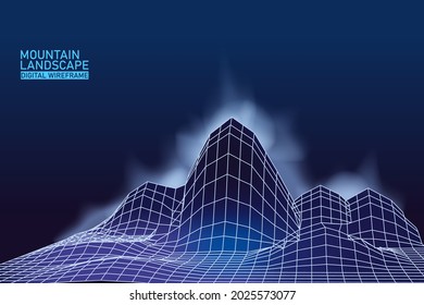 Digital landscape mountaine abstract wireframe. 3D wireframe grid mesh illustration concept. Vector background