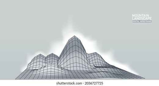 Digital landscape mountaine abstract wireframe. 3D wireframe grid mesh illustration concept. Vector background