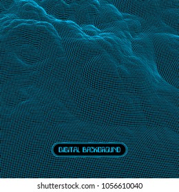 Digital landscape with mountains or clouds made of line grid in futuristic technology or science style