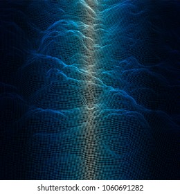 Digital landscape with mountains or clouds made of line grid in futuristic technology or science style