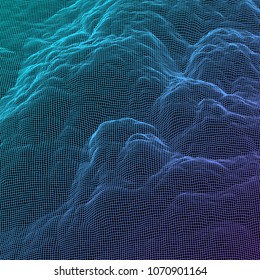 Digital landscape with mountains or clouds made of line grid in futuristic technology or science style