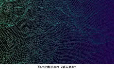 Paisaje digital con montañas o nubes hechas de cuadrícula de líneas