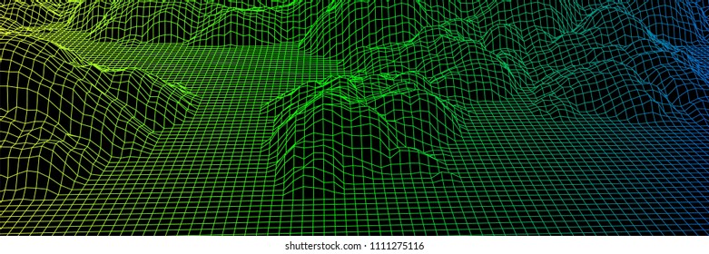 Digital landscape with mountains or hills made of line grid in futuristic technology or science style