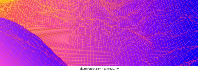 Digital landscape with mountains or hills made of line grid in futuristic technology or science style