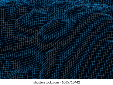 Digital landscape with mountains made of line grid in futuristic technology or science style