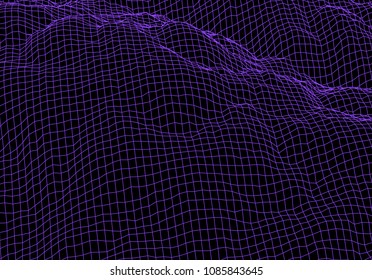 Digital landscape with mountains made of line grid in futuristic technology or science style
