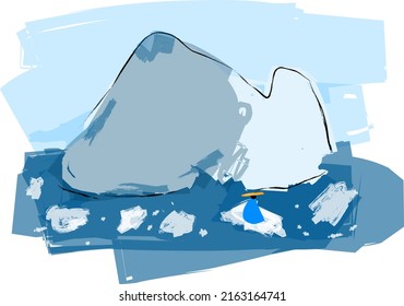 Digital landscape painting. Traveler in the snow ocean illustration. Vector eps format. 
