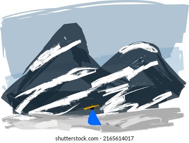 Digital Landscape Painting. Traveler In The Snowy Mountain. Vector Eps Format. 