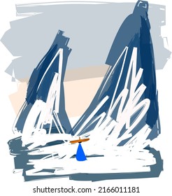 Digital landscape painting. Traveler in the snowy place. 